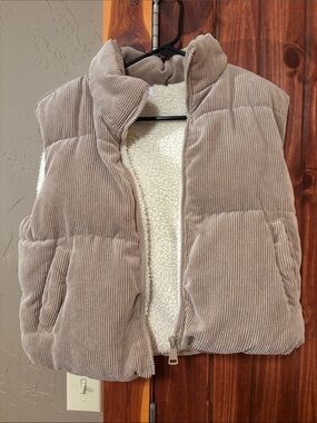Ci Sono Taupe Corduroy Puffer Vest with Sherpa Lining